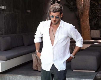 Camisa de lino y algodón blanca para hombre, estilo indio, con botones, talla grande