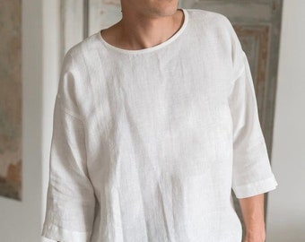 Camisa de lino para hombre, mezcla de algodón blanquecino, estilo étnico