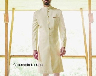 Off-White Velvet Sherwani Kurta, Indian Wedding Outfit, Plus Size