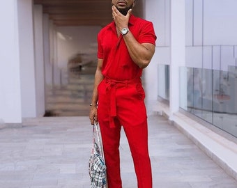 Conjunto de camisa y pantalón de algodón rojo para hombre, moda africana