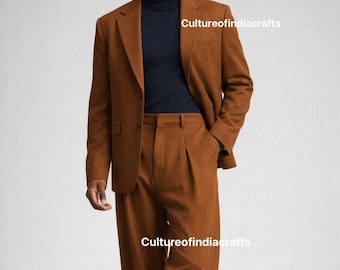 May include: A brown suit with a matching blazer and wide-leg pants. The suit is paired with a navy blue turtleneck and black dress shoes. The text "Cultureofindiacrafts" is visible on the image.