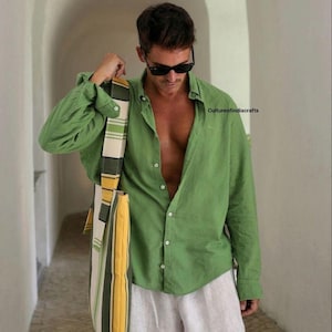Linen Shirt Pants, Mans Button Up, Mans Clothing, Green Shirt White