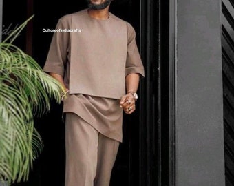 African Men's Cotton Outfit, 2-Piece Solid Color Set