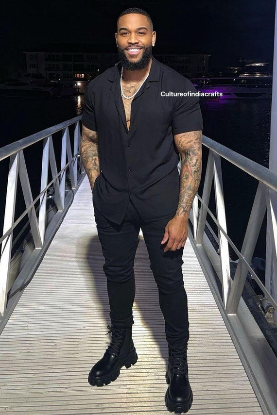 African Mens Outfit, Clothing, Fashion Casual, Solid Color, Short Sleaves.  Black Shirt