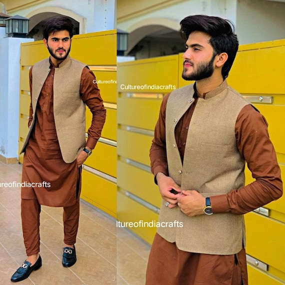 Kurta Pajama Waistcoat Indian Ethnic Wear Mens Kurta Pajama Set
