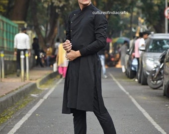 Black Cotton Blend Kurta Pajama Set, Indian Mens Ethnic Clothing