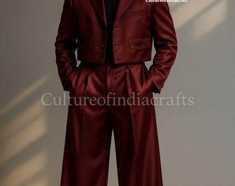 African Men Suiting, Luxury Maroon Satin Suit Set – Cropped Blazer & Wide-Leg Pants, Formal Wear. Suiting.