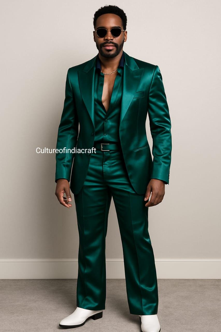 green formal dress men Luxury Emerald Satin Men's Suit | Premium Shiny 3-piece Style | Modern Party & Wedding Outfit dark green suit with black shirt