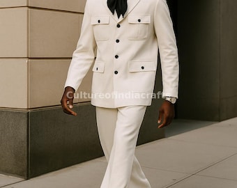 Traje africano para hombre, elegante traje safari de satén color crema, detalle de bolsillo de lujo, todos los colores disponibles.