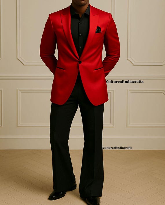 Red Satin African Men's Suit, Black Cotton Shirt, Bootcut Trousers