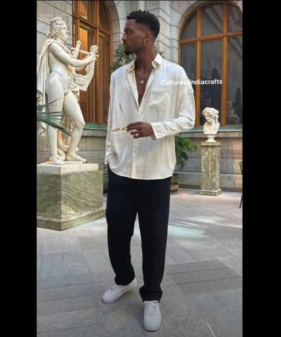 African Mens Cotton Blend Outfit, Solid Shirt and Pants Set