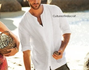 Camisa de lino para hombre, blanca, estilo indio, con botones, talla grande