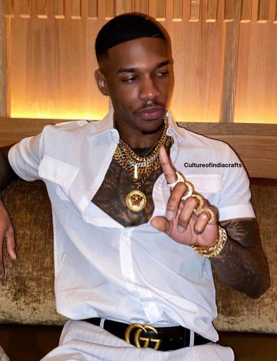 gold chain with dress shirt Men Black White Gold Chain Casual Collarless Long Sleeve Dress Button Down Shirt