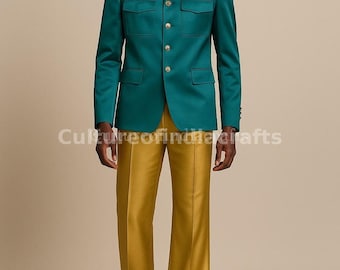 Traje de camisa de satén verde esmeralda, pantalón acampanado dorado, ropa formal masculina