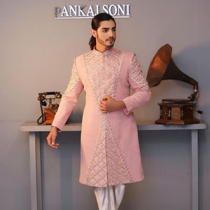 Wedding Sherwani kurta, Indian Kurta, Mens Shirt, Achkan, Mens Clothing, Pink Color, High Quality, Party kurta, Plus size available.