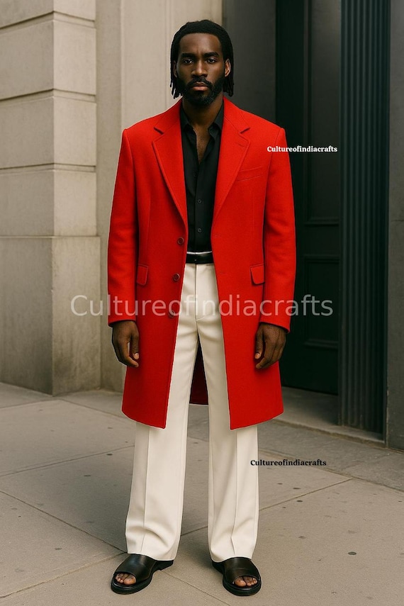 African Men's Red Long Coat Set, Satin Shirt, Ivory Pants - Etsy