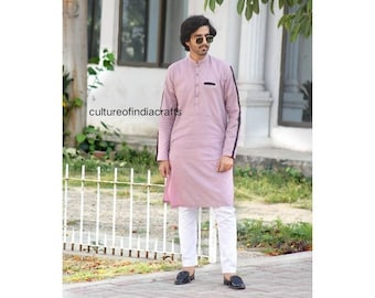 Peach Cotton Mens Kurta, Indian Ethnic Wear, Plus Size Available