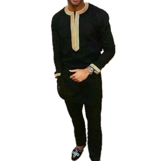 Duohropke Dashiki Africain Homme - Ensemble Chemise Broderie Dorée Et Pantalon, Tenue Tribale Traditionnelle Élégante