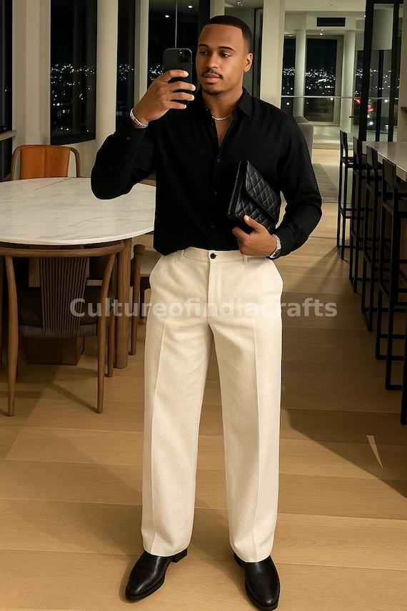 Black Cotton Shirt With Cream Suiting Pants  Classic Luxe Smart Casual  Look. - Etsy Israel
