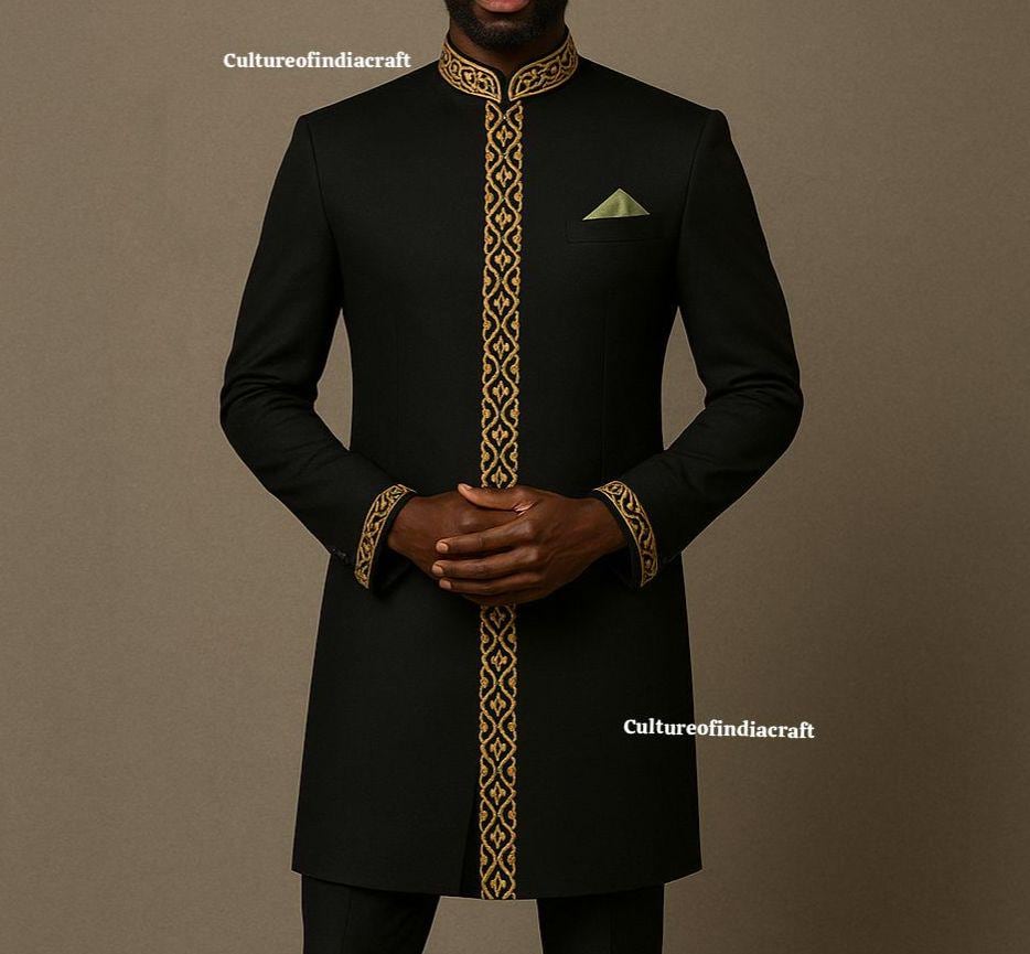 Mens Black Gold Embroidered African Suit, Formal Wedding Attire