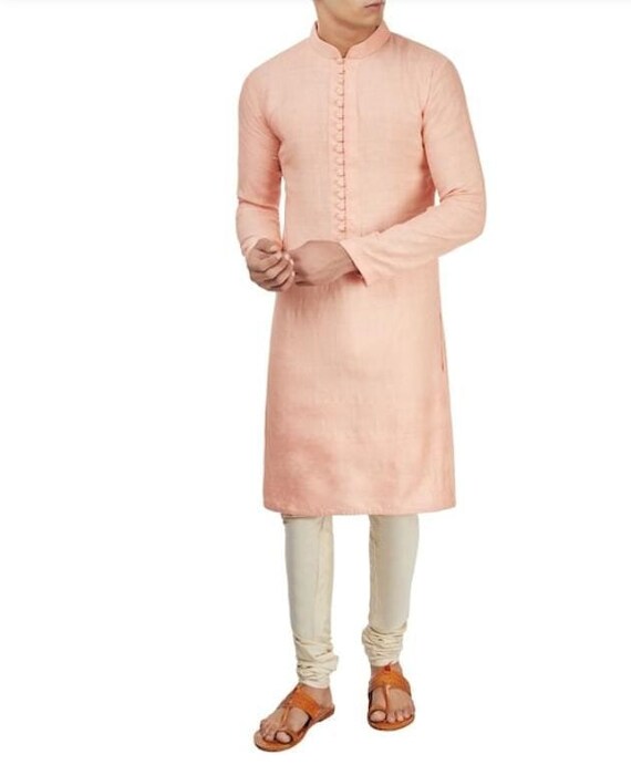 Peach Cotton Blend Kurta, Indian Ethnic Menswear, Plus Size Available