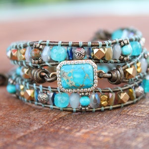 Turquoise Bracelet / Wrap Beaded Bracelet / Leather Bracelet / Boho Bracelet / Blue Bracelet / Gift For Any Occasion