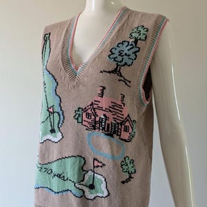 Vintage 1990s Golf Sweater Vest Leon Levin | Knit V Neck Novelty Vest | Ladies Medium Tan Pink Green Blue Top | Y2K