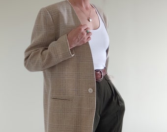 Blazer vintage scozzese senza colletto in lana grigio/sabbia degli anni '80, giacca da completo da donna media
