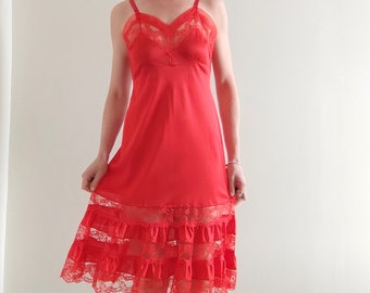 Vintage 1970s Red Lace Frill Slip Dress, Small