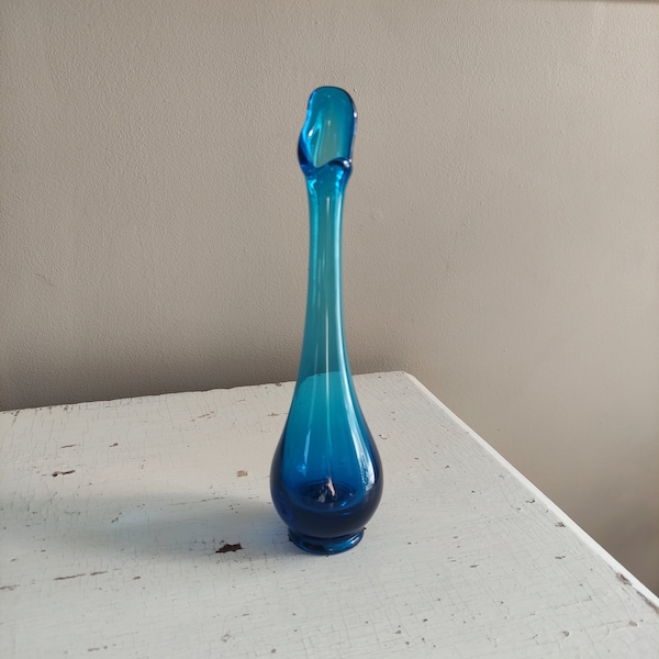 Vintage 1960s Viking Swung Glass Bud Vase Blue, MCM Art Glass, Stretched Glass Vase
