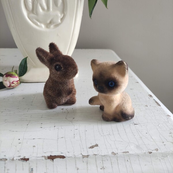 Josef Originals Flocked Baby Bunny and Siamese Cat Figurines Pair 1950's