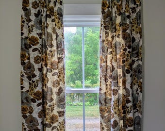 Vintage Mid Century Pinch Pleat Floral Drapes Set of Two Curtain Panels