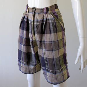 Vintage 1980s Plaid Pleated Front High Waisted Long Cut Cotton Shorts | Retro French Connection Bermuda Trouser Shorts | Purple Grey Blue