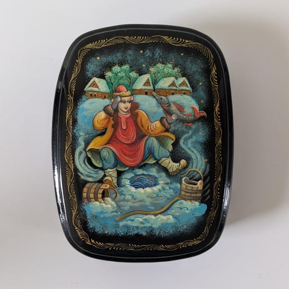 Vintage Hand Painted Russian Palekh Trinket Box "By The Pike's Command" Fairy Tale