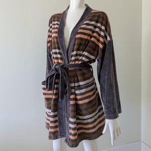 Vintage 1970s French Striped Cotton Velour Short Robe | Retro Parisian Loungewear, Poolwear, Swimsuit Coverup, Beachwear, Pajamas