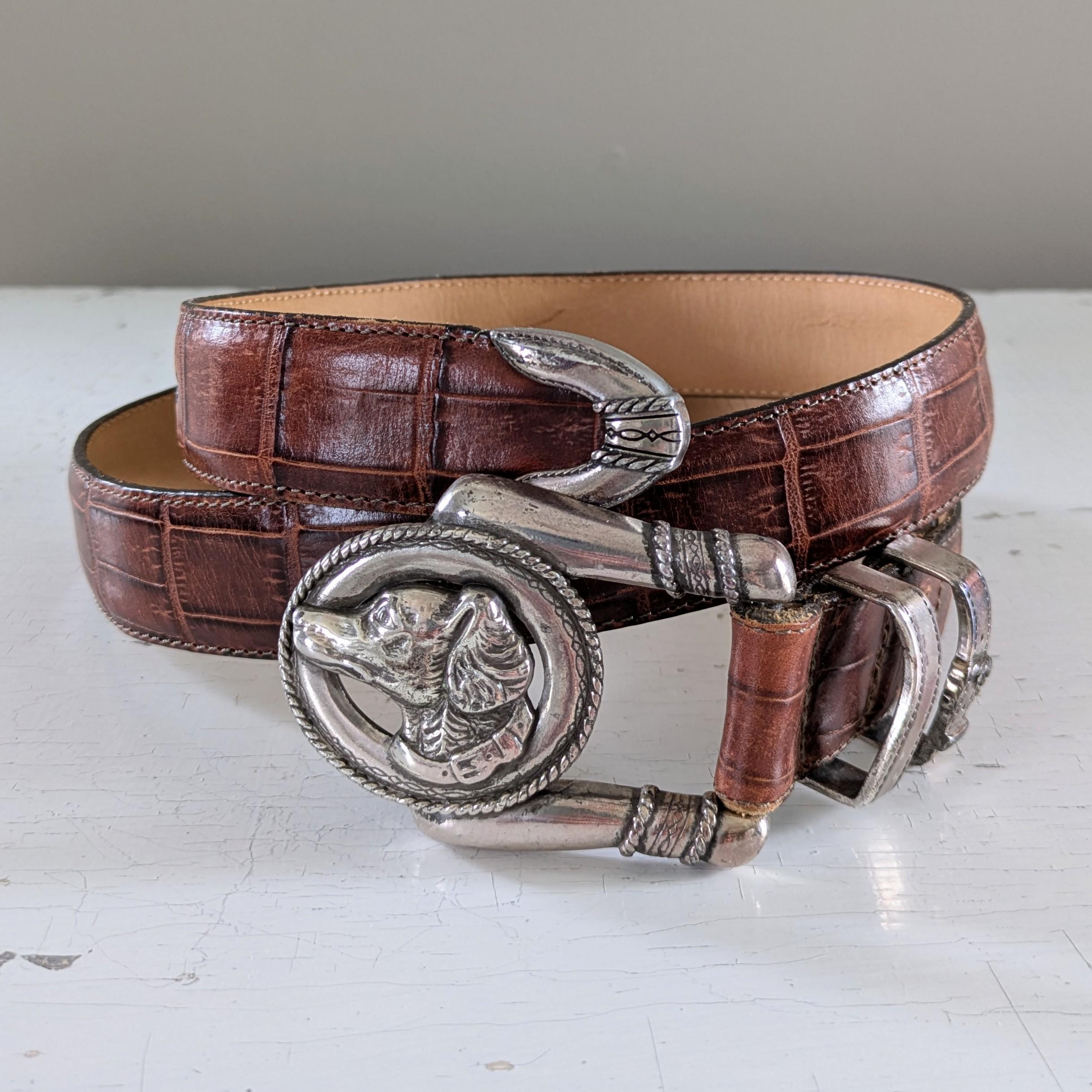 Vintage 90s Brighton Brown Crocodile Leather Belt Silver Buckle USA Brighton Baroque Croc Embossed Leather Belt: Ornate Silver  main image 2