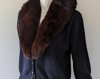 Vintage jaren 40-vest met nertskraag | Marineblauwe acryltrui