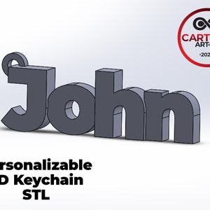 May include: A 3D printed keychain with the name "John" in gray. The keychain is customizable and comes in an STL file format.