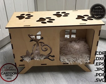 Peut inclure: Maison pour chat en bois avec une découpe de chat et des empreintes de pattes sur le dessus. La maison a un lit à l'intérieur et est sur une surface blanche. Le texte "Téléchargement instantané" est dans un cercle dans le coin supérieur droit de l'image. Le texte "CDR, DXF, EPS, JPG, PDF, SVG" est sur le côté droit de l'image.