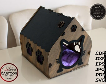 Cute Cat House Laser cut vector plans Pet House Instant download