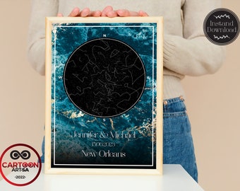 CUSTOM STAR MAP | Blue Gold Marble Background | Night Sky Print | Poster | Constellation | Anniversary Gift