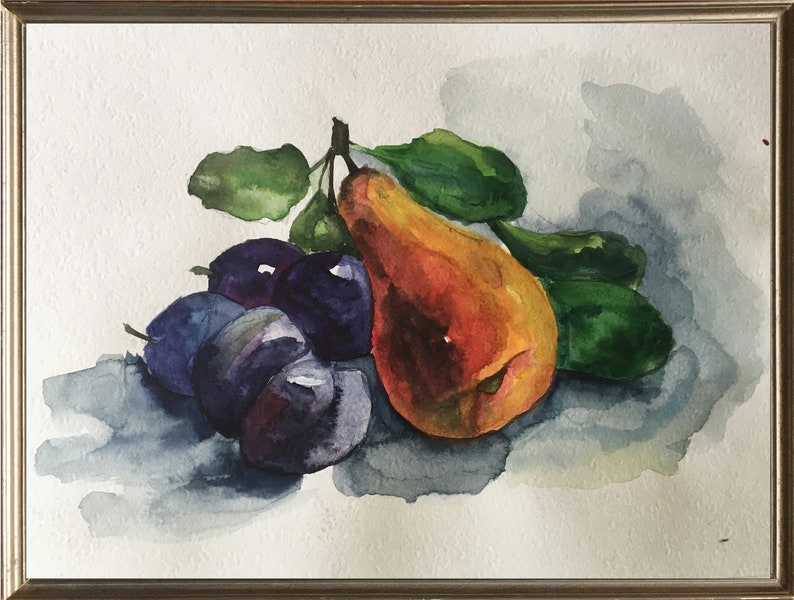 Fruit Pear Painting Original Art Small Watercolor Art Still Life Fruit Artwork by FalconareArt