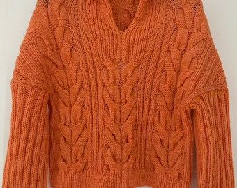 Pull tricoté femme, fait main, 100% laine mérinos, S-M, orange