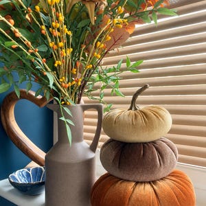 May include: A tall matte taupe ceramic pitcher filled with artificial sunflowers and yellow berries, accompanied by a stack of three velvet pumpkins in shades of gold, brown, and orange. The text D&R Botanical Blooms & Homeware is visible.