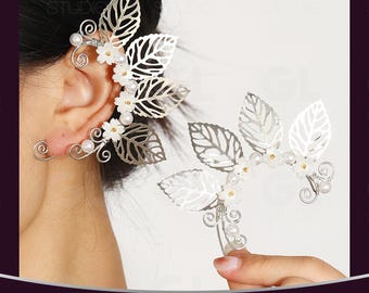 Wedding Ear Cuff, Boho Bridal Ear Wrap, Silver Ear Climber, Cartilage Earring, Leaf Ear Climber, Wedding Earrings, Ear Cuff No Piercin