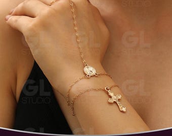 Gold Cross Virgin Mary Bracelet, Dainty Religious Hand Chain, Christian Faith Finger Bracelet, Cross Hand Chain Bracelet