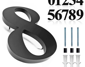 May include: Black, three-dimensional house numbers and digits 0-9. The number 8 is prominently displayed, with mounting hardware and wall anchors. The numbers are in a bold, sans-serif font, suitable for outdoor use.