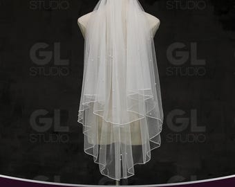 Pearl Bridal Veil, Pearl Beaded Wedding Veil, Beaded edge Veil, Fingertip Veil, Tulle Veil, Ivory Veil, Beaded Edge cathedral bridal veil