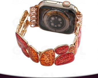 Correa de Apple Watch con textura de ámbar rojo sintético estilo vintage, correa con cuentas texturizadas, pulsera y correa de reloj con cuentas de piedra martillada.