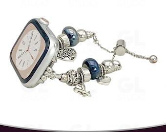 Correa plateada estilo Pandora para Apple Watch, correa plateada ajustable con cuentas, correa boho con diseño de atrapasueños para Apple Watch, pulsera con dije de pluma de cristal azul